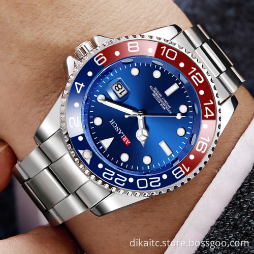 ARLANCH Luxury Brand Watch Men Sports Watches Rotatable Bezel GMT Sapphire Glass Date Stainless Steel Quartz Wristwatches Gift